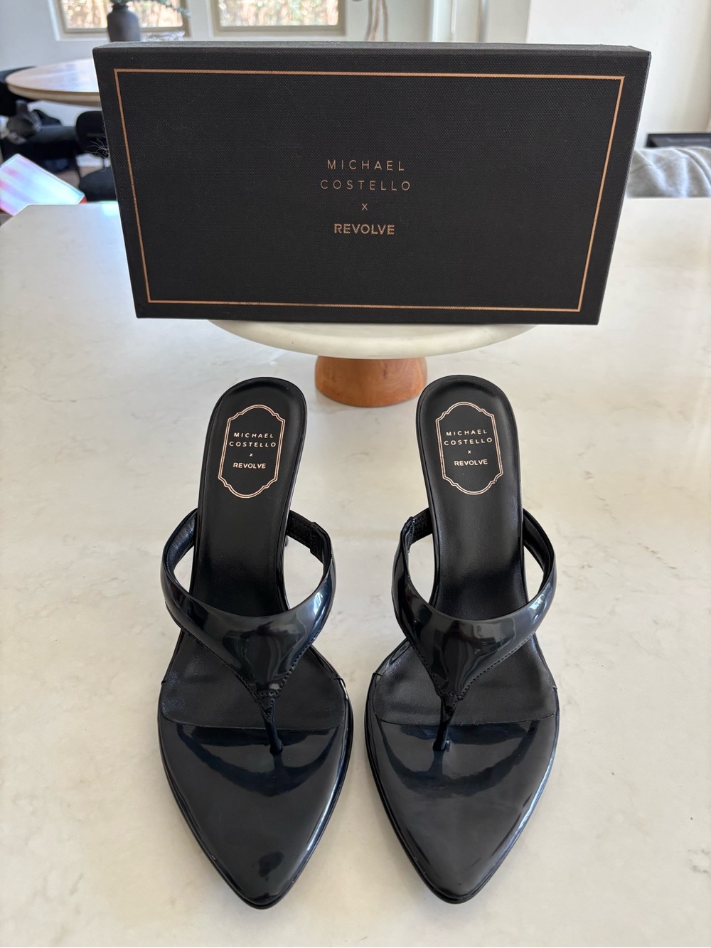 Michael Costello Black Patent Pointed-Toe Thong Mules - Picture 3 of 7